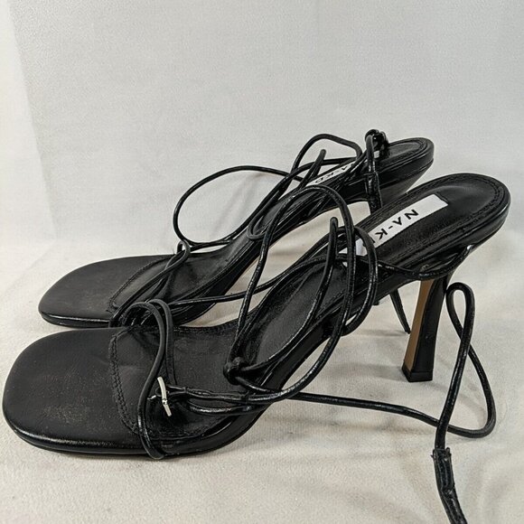 NA-KD Nothing But Style Round Toe Strappy Heel 7.5 US 38 Black Faux Leather 3" - Picture 1 of 10